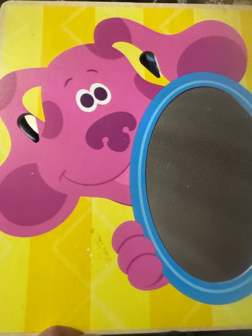 Melissa & Doug Pink Puppy Mirror Toy with Blue Frame and Yellow Background